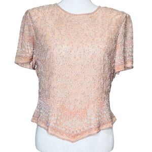 Adrianna Papell Occasions Peachy Pink Sequined Short Sleeve Blouse Women Size 12